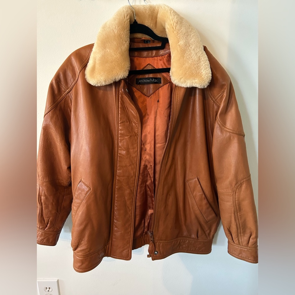Andrew Marc Leather Aviator Jacket with Fur Collar